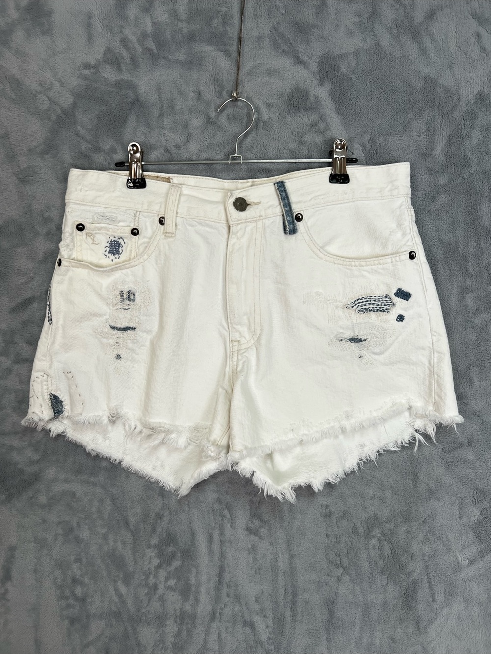 Polo Ralph Lauren White Distressed Patched Denim Cutoff Shorts Women's Size 27